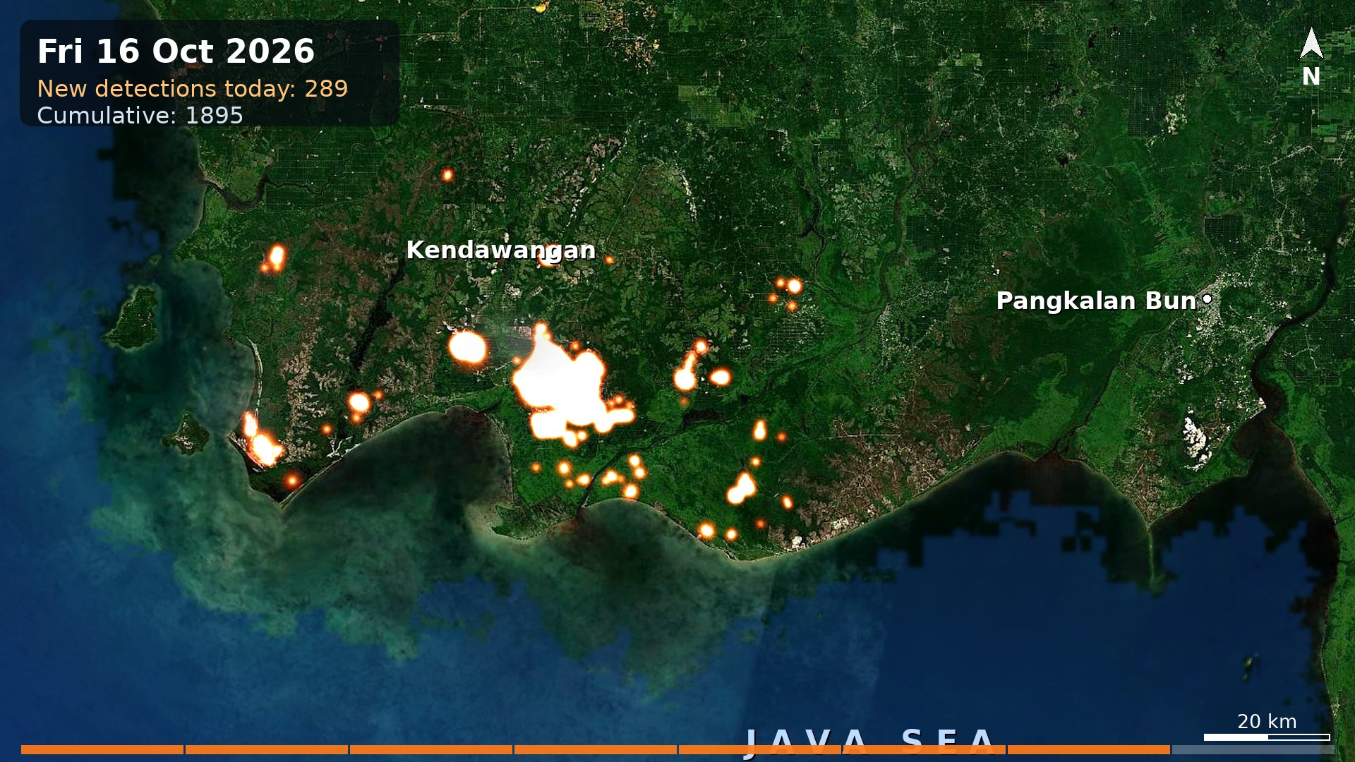 Satellite view of fires burning on Kalimantan's south coast near Kendawangan, 16 Oct 2026
